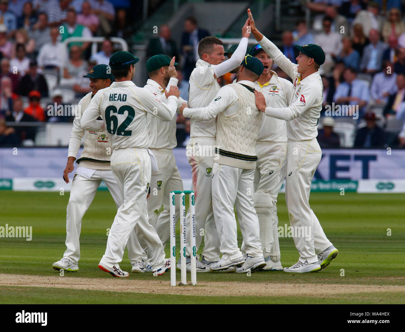 London, UK. 17th Aug, 2019. LONDON, ENGLAND. AUGUST 17: Peter Siddle of Australia celebrates the wicket of Joe Denly of England during play on the 4th day of the second Ashes cricket Test match between England and Australia at Lord's Cricket ground in London, England on August 17, 2019 Credit: Action Foto Sport/Alamy Live News Stock Photo