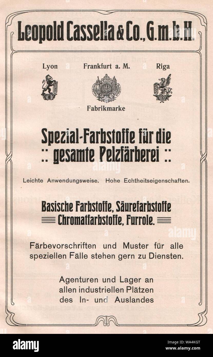 Die Kürschnerkunst, Hans Werner, 1914 (S. Anhang) Anzeige Leopold Cassella & Co., Spezial-Farbstoffe für die gesamte Pelzfärberei. Stock Photo