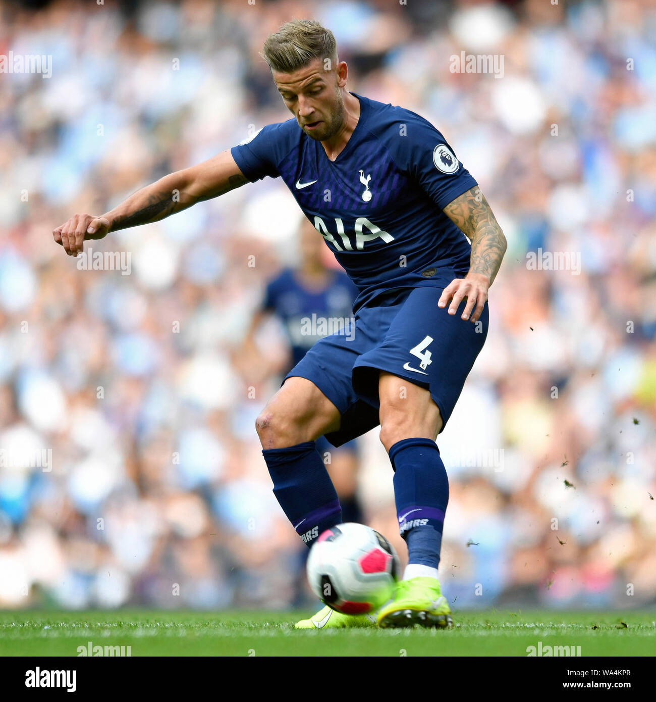 17th August 2019; Etihad Stadium, Manchester, Greater Manchester, England; Manchester City versus Tottenham Hotspur; Toby Alderweireld of Tottenham Hotspur clears the ball - Strictly Editorial Use Only. No use with unauthorized audio, video, data, fixture lists, club/league logos or 'live' services. Online in-match use limited to 120 images, no video emulation. Stock Photo