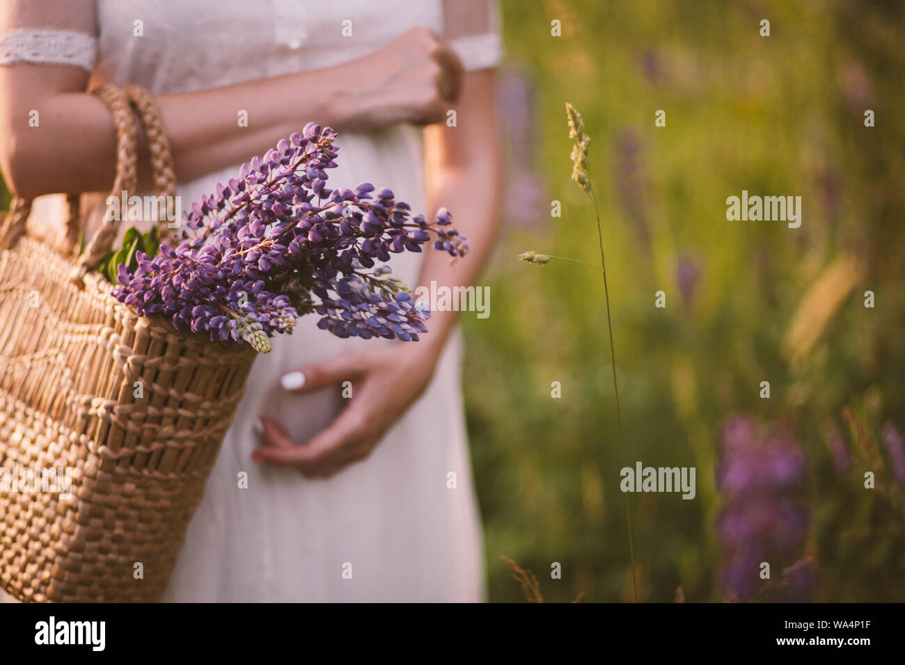 Women hands holding a basket with wildflowers Stock Photo