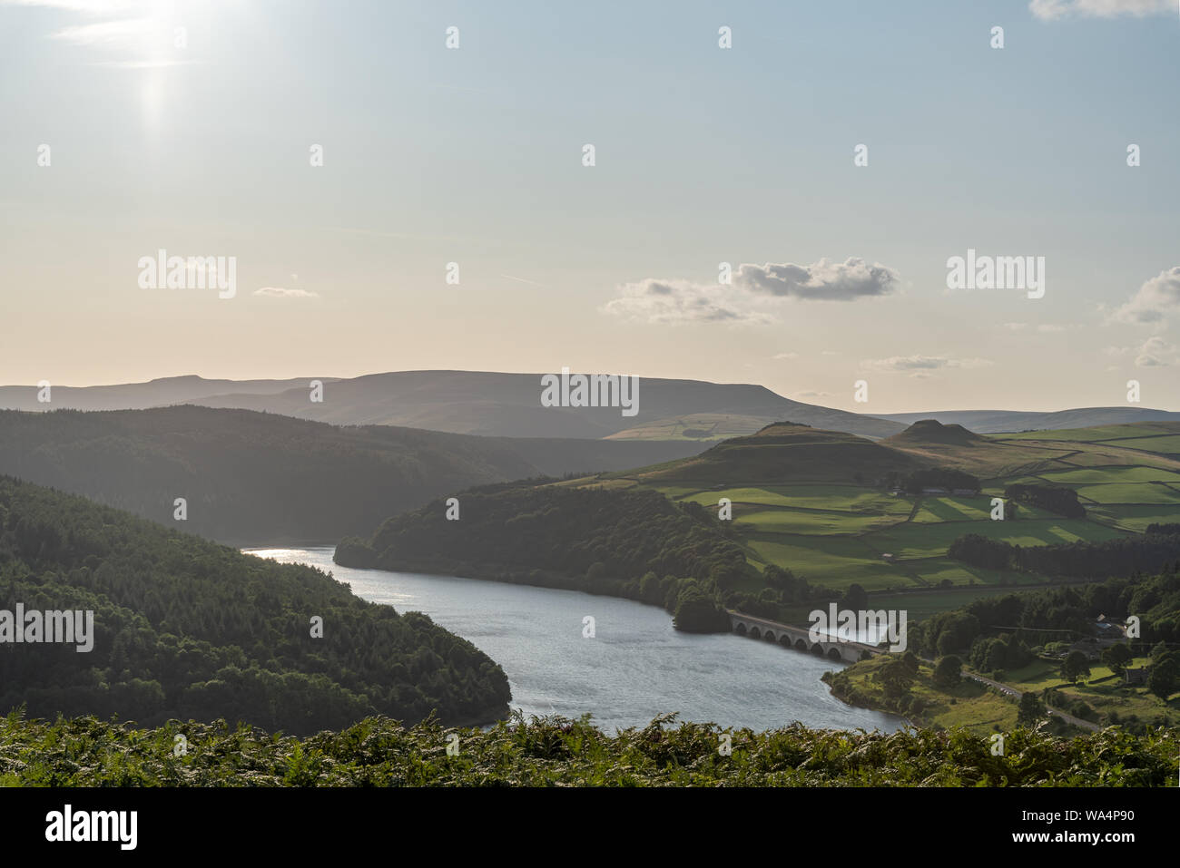 View of the Ashopton Viaduct, Ladybower Reservoir, and Crook Hill in the Derbshire Peak District National Park, England, UK. Stock Photo