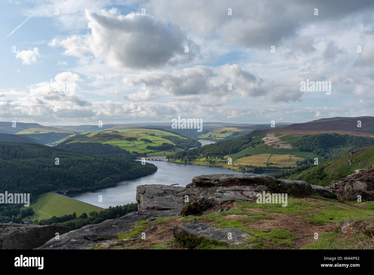 View of the Ashopton Viaduct, Ladybower Reservoir, and Crook Hill in the Derbyshire Peak District National Park, England, UK. Stock Photo