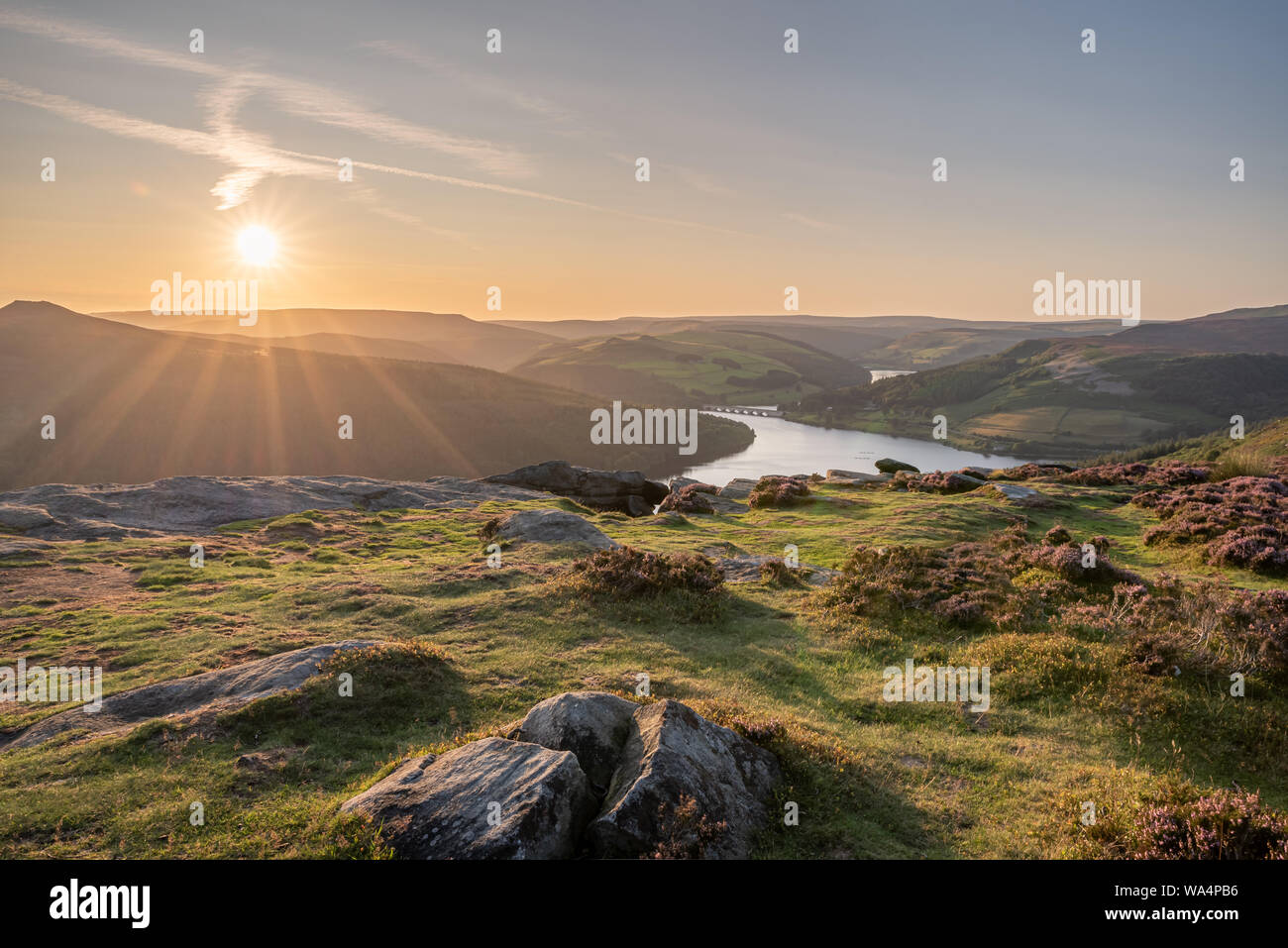 View of the Ashopton Viaduct, Ladybower Reservoir, and Crook Hill in the Derbyshire Peak District National Park, England, UK. Stock Photo