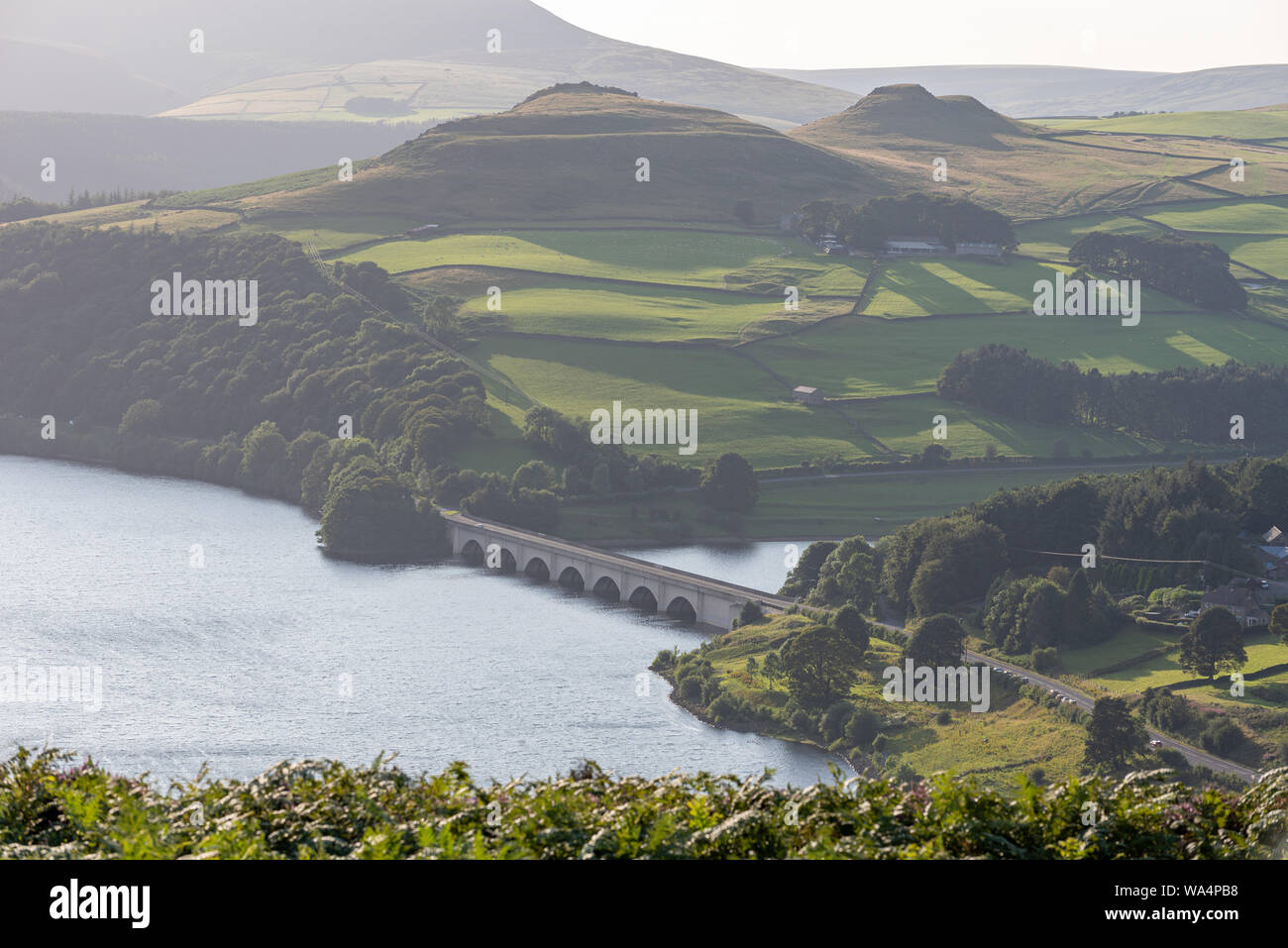 View of the Ashopton Viaduct, Ladybower Reservoir, and Crook Hill in the Derbyshire Peak District National Park, England, UK. Stock Photo