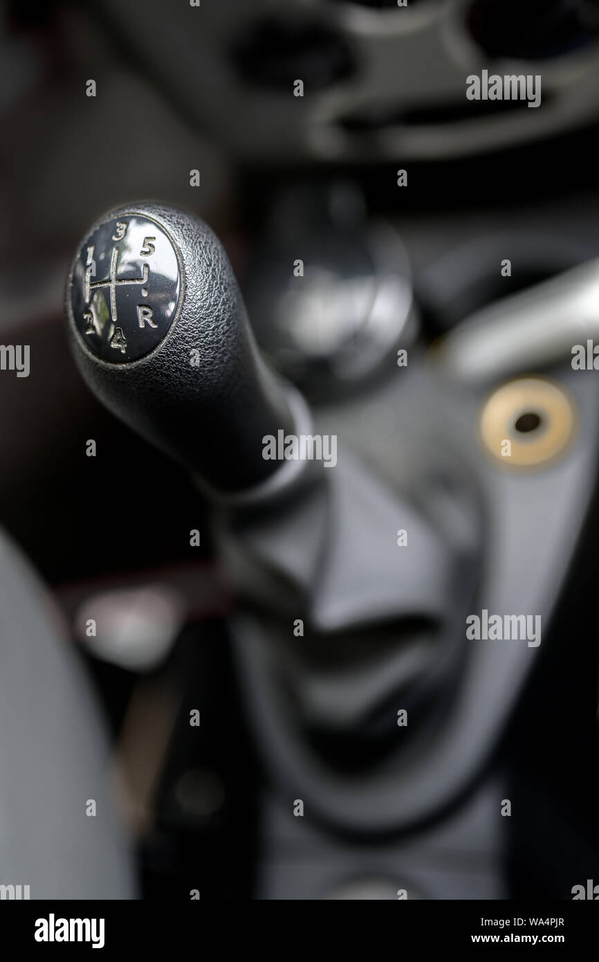 Gear stick in an older car, abstract face, selected focus, narrow depth of field Stock Photo