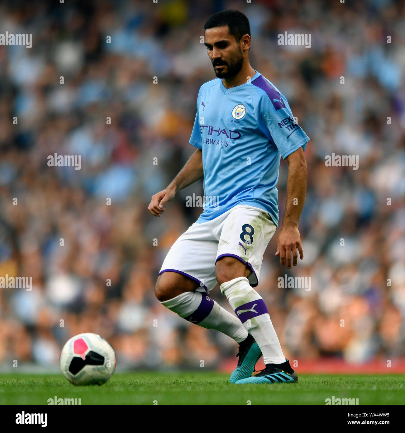 17th August 2019; Etihad Stadium, Manchester, Greater Manchester, England; Manchester City versus Tottenham Hotspur; Ilkay Gundogan of Manchester City looks to bring the ball under control - Strictly Editorial Use Only. No use with unauthorized audio, video, data, fixture lists, club/league logos or 'live' services. Online in-match use limited to 120 images, no video emulation. Stock Photo