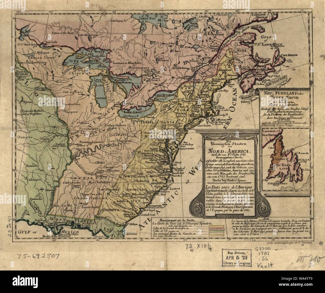 Die Vereinigten Staaten von Nord-America, nach der von Wm. Faden 1783 herausgegebenen Charte, auf welcher alle im englisch americanischen Kriege vorzüglich merkwürdig gewordenen Örter angezeigt, auch Stock Photo
