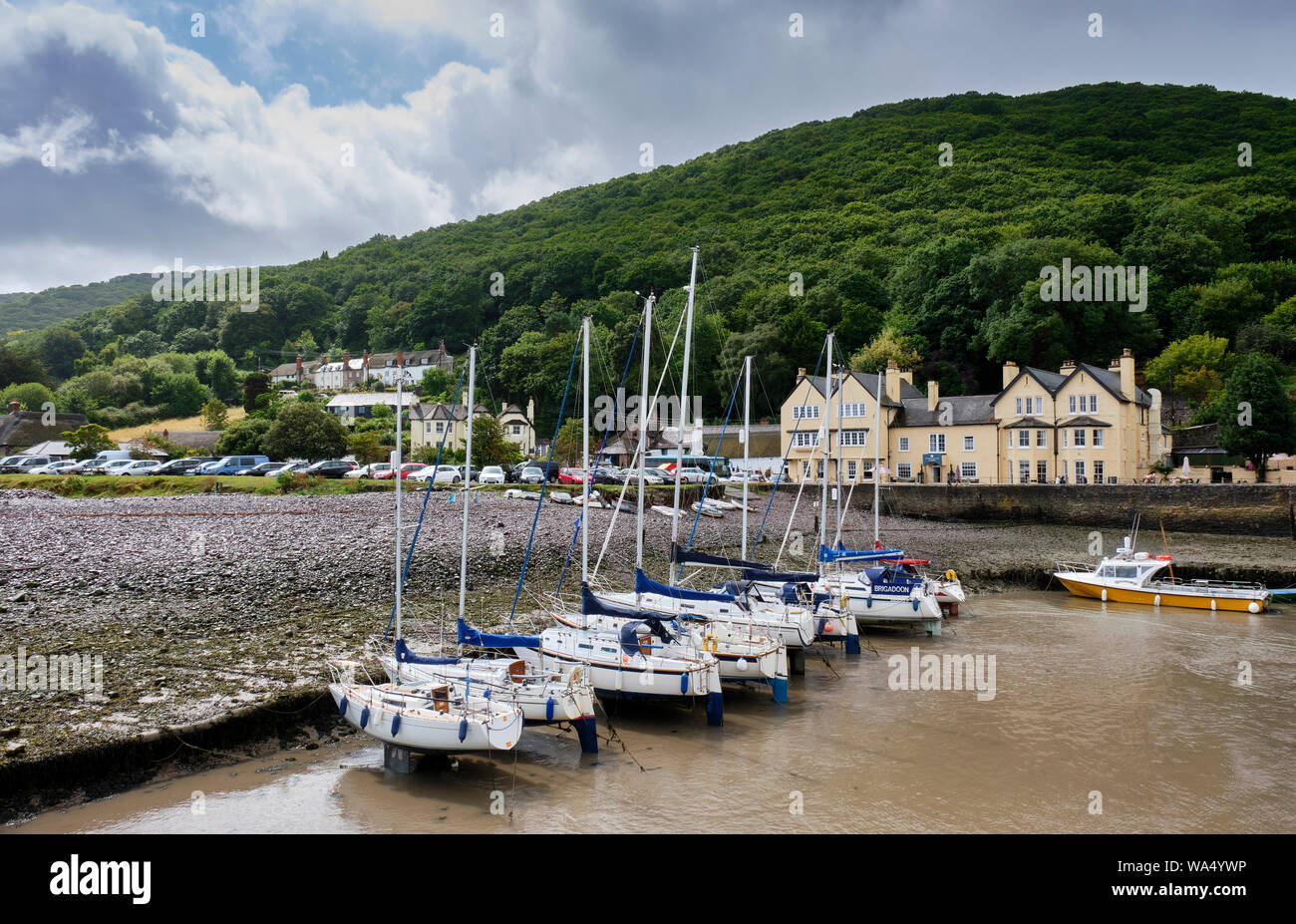 Boats moored in the harbour at Porlock Weir, near MInehead, Someset Stock Photo