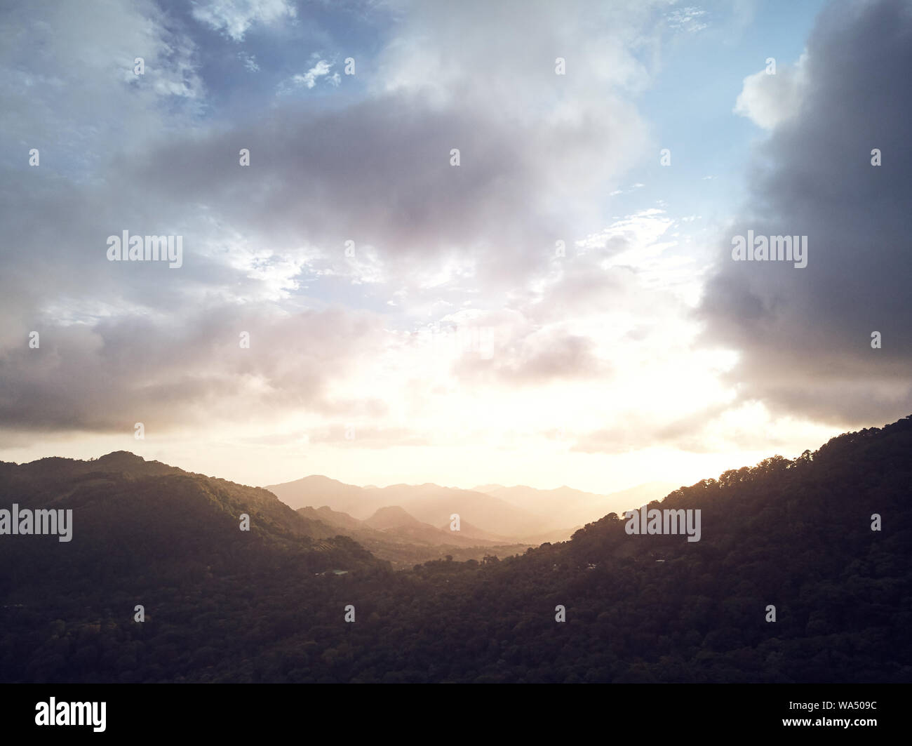Mountain valley on sunset light aerial above drone view Stock Photo