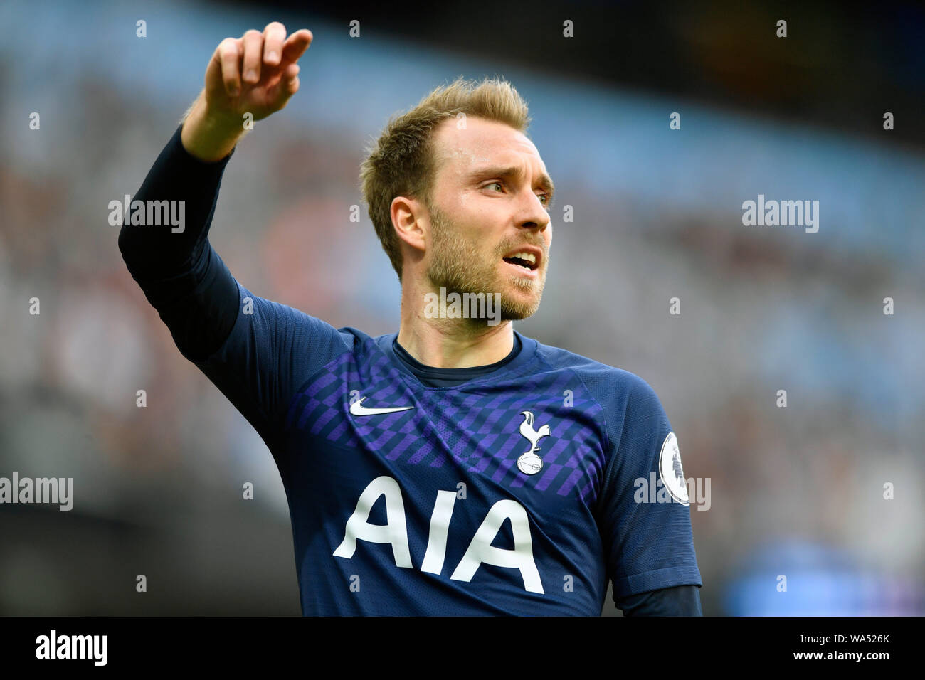 17th August 2019; Etihad Stadium, Manchester, Greater Manchester, England; Manchester City versus Tottenham Hotspur; Christian Eriksen of Tottenham Hotspur points to where he wants the ball to be played - Strictly Editorial Use Only. No use with unauthorized audio, video, data, fixture lists, club/league logos or 'live' services. Online in-match use limited to 120 images, no video emulation. Stock Photo