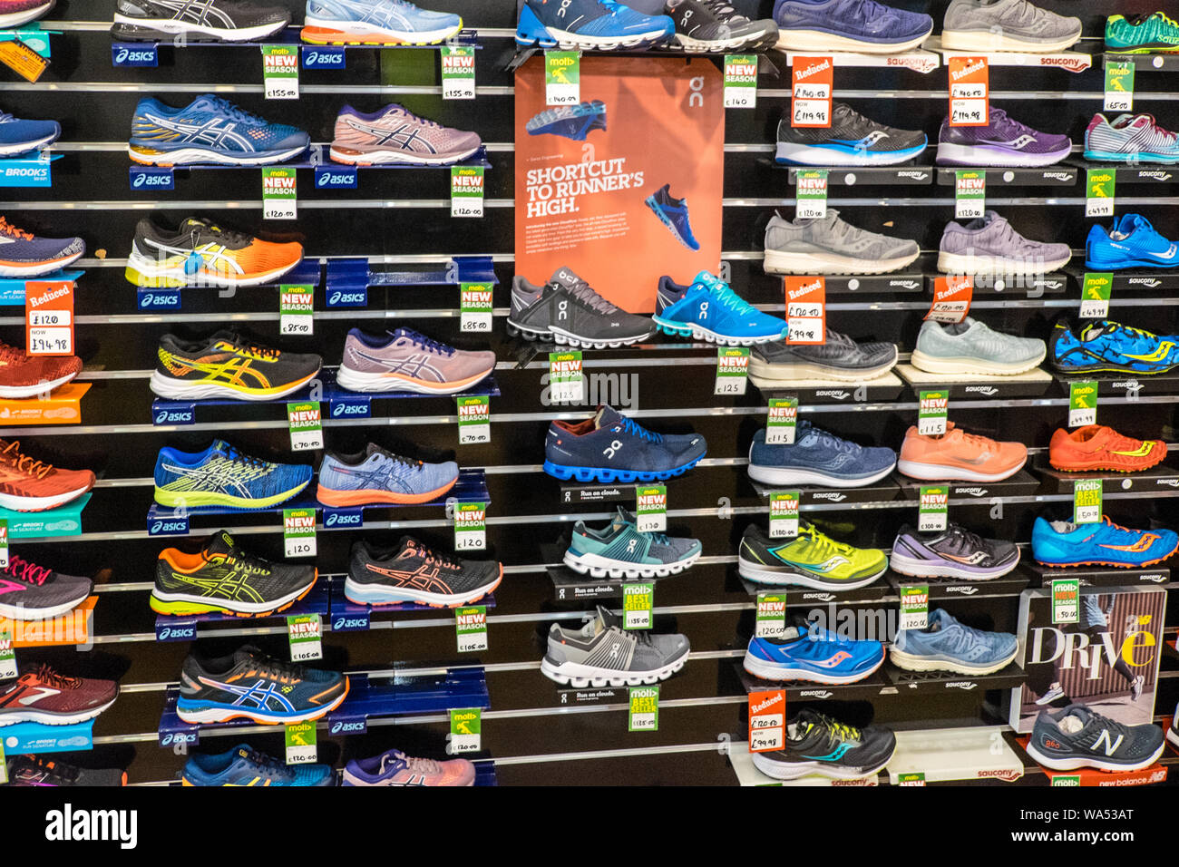 Running,Shoe,running shoes,display,at, Moti,Running,shop,store,Queens  Arcade,Cardiff,capital,of,Wales,UK,GB,Britain,British Stock Photo - Alamy