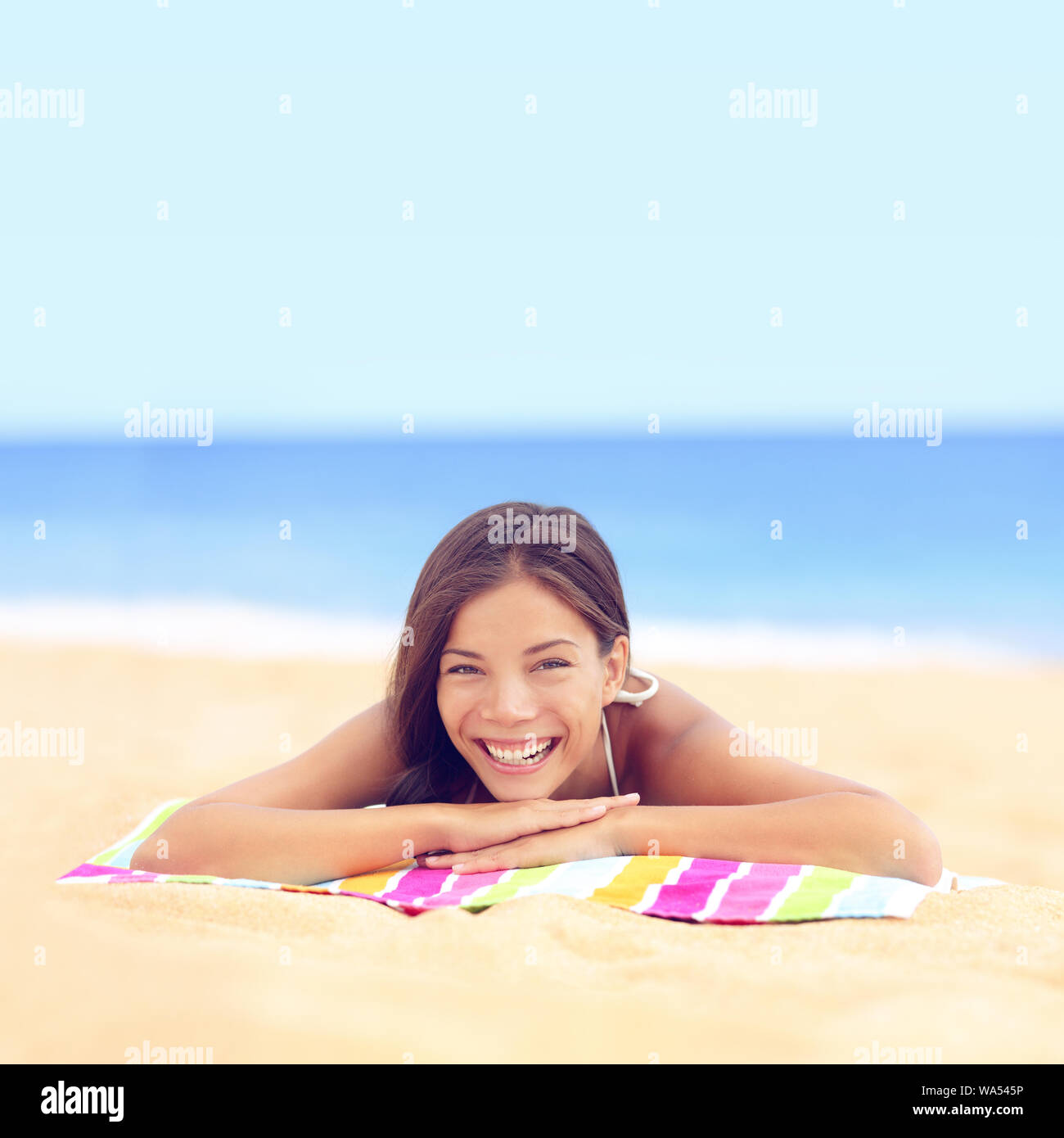 Happy Vacation Woman Sunbathing Relaxing On Beach Cute Young Asian Caucasian Ethnic Mixed Race