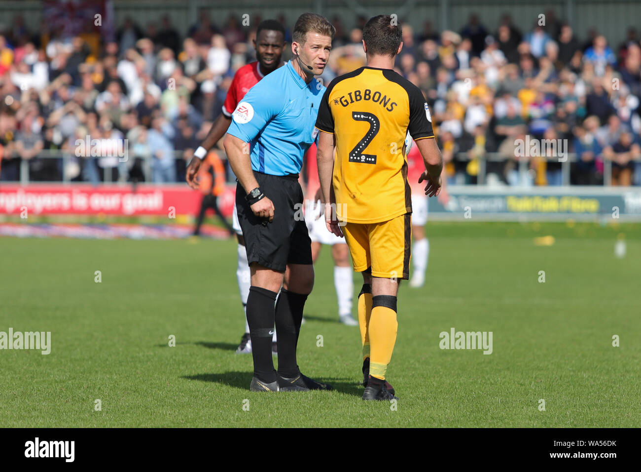 Salford, UK. 17th August 2019. James Gibbons argues with referee Anthony Backhouse during the Sky Bet League 2 match between Salford City and Port Vale at Moor Lane, Salford on Saturday 17th August 2019. Editorial use only, license required for commercial use. Photograph may only be used for newspaper and/or magazine editorial purposes. (Credit: Luke Nickerson | MI News) Credit: MI News & Sport /Alamy Live News Stock Photo