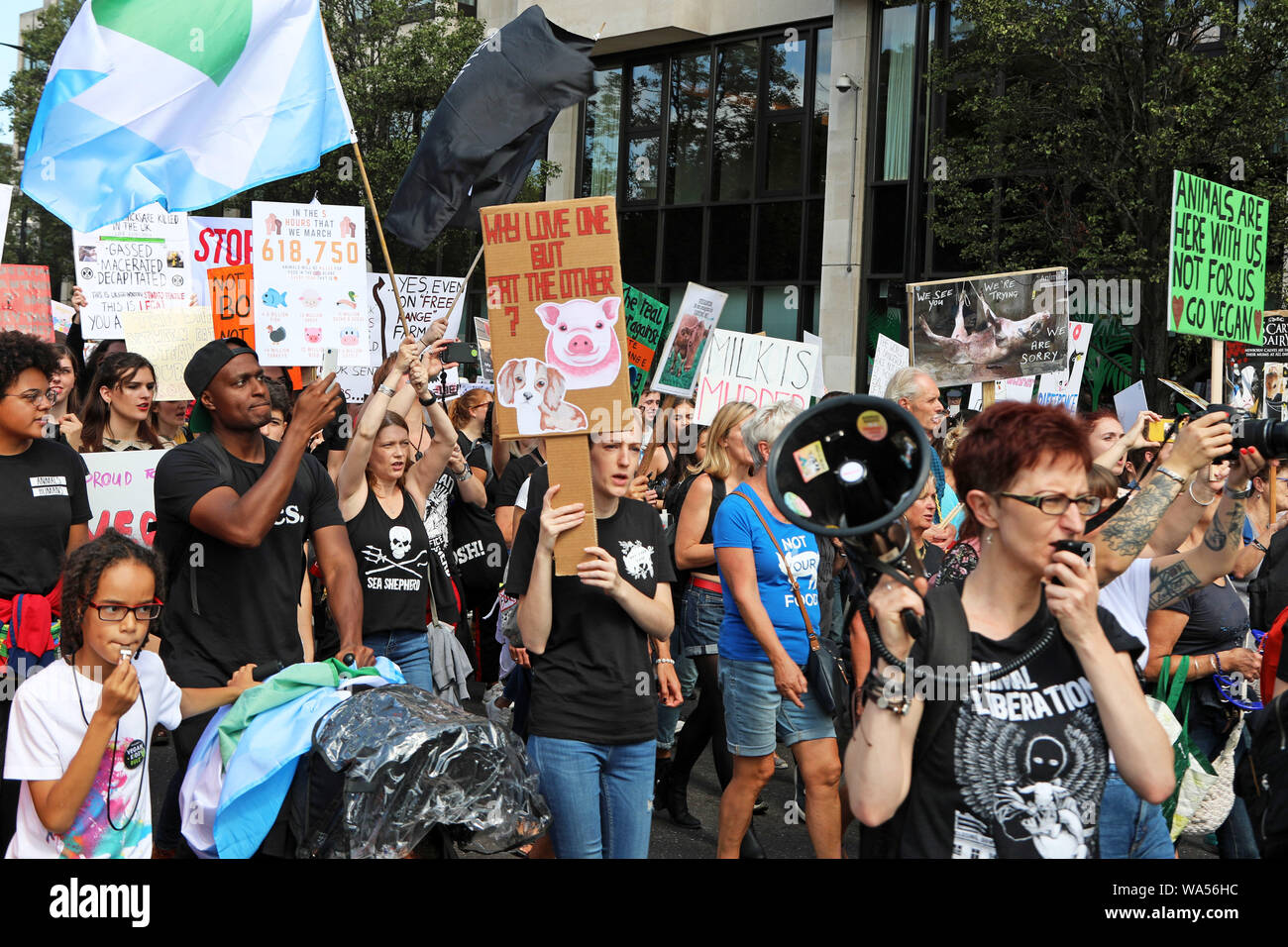 London, UK. 17th August 2019. Protestors at the Official Animal Rights March marching through London is an annual vegan march protesting the treatment of animals and organised by Surge. Credit: Paul Brown/Alamy Live News Stock Photo