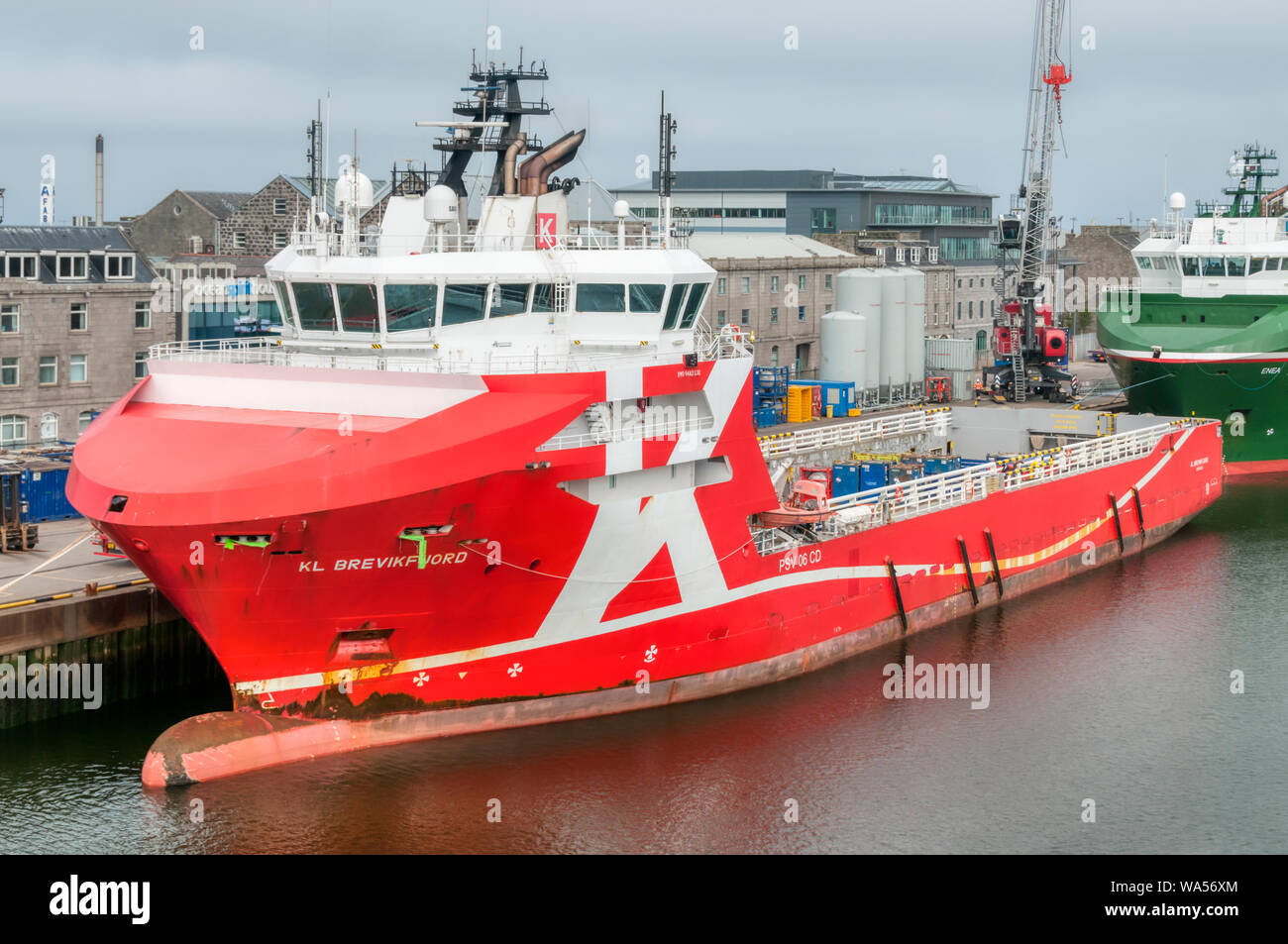 The offshore supply ship KL Brevikfjord in port at Aberdeen harbour. Stock Photo