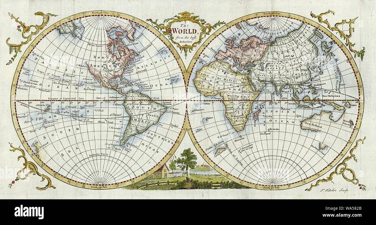 Digital map of the world in hemispheres by thomas kitchin (1777). Stock Photo