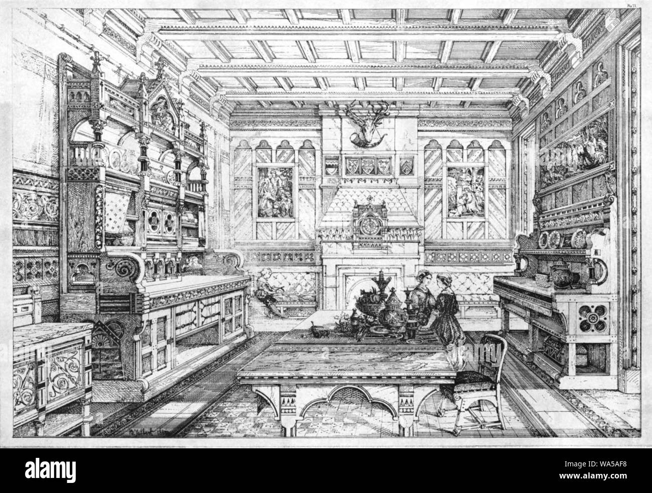 Dining Room-Examples-of-Ancient-and-Modern-Furniture-1876. Stock Photo