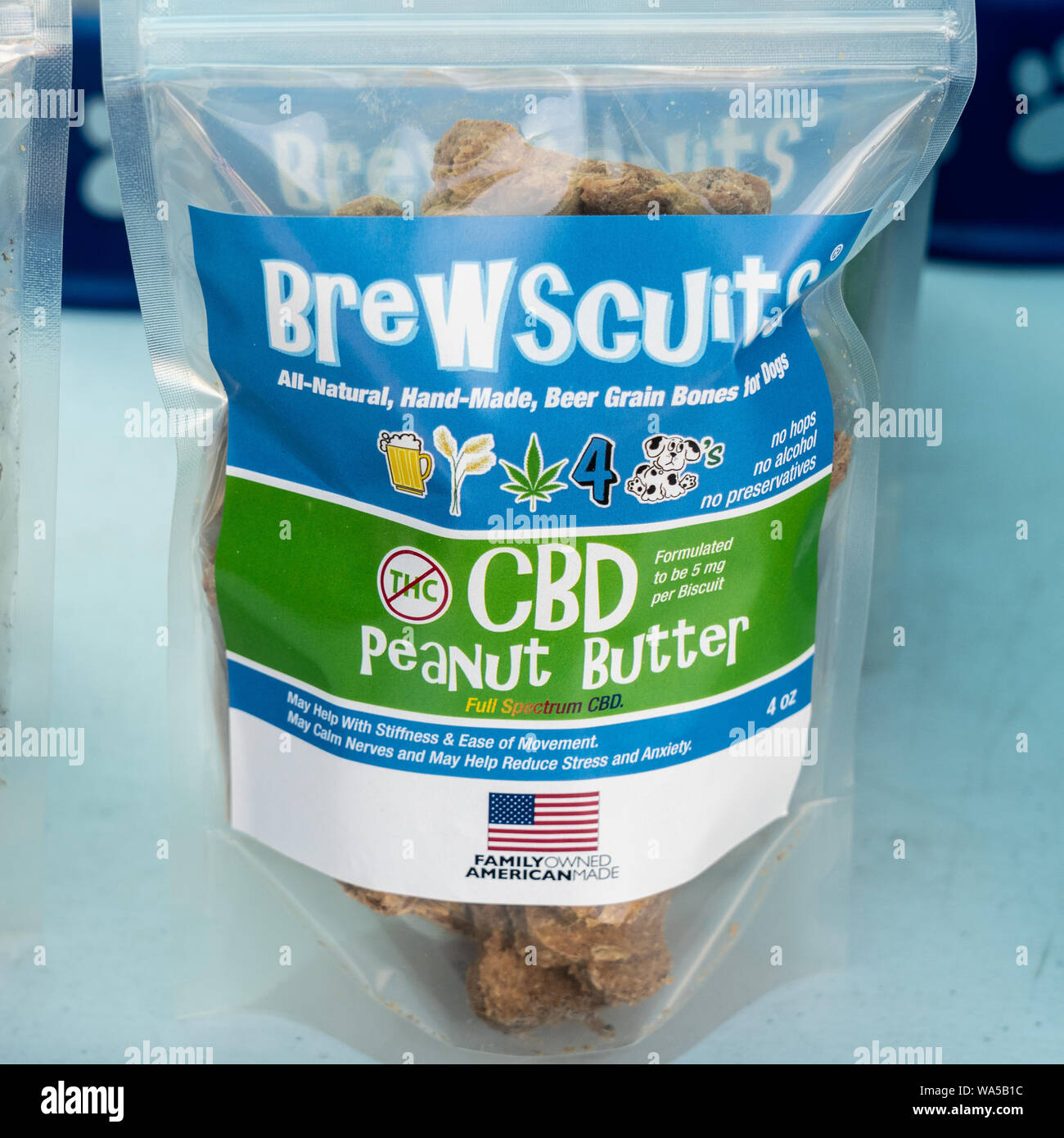 Lansdale, PA - August 10, 2019: Brewscuits CBD formulation with peanut butter flavor is an all natural dog buiscuit treat made from beer grain. Stock Photo