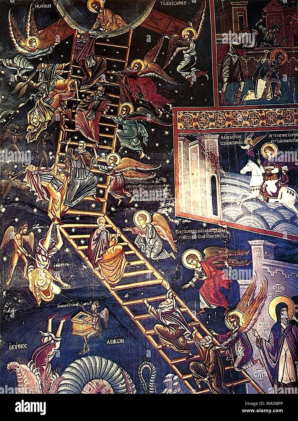Dionysiou Monastery, The Ladder of Divine Ascent Fresco, 16th Century. Stock Photo