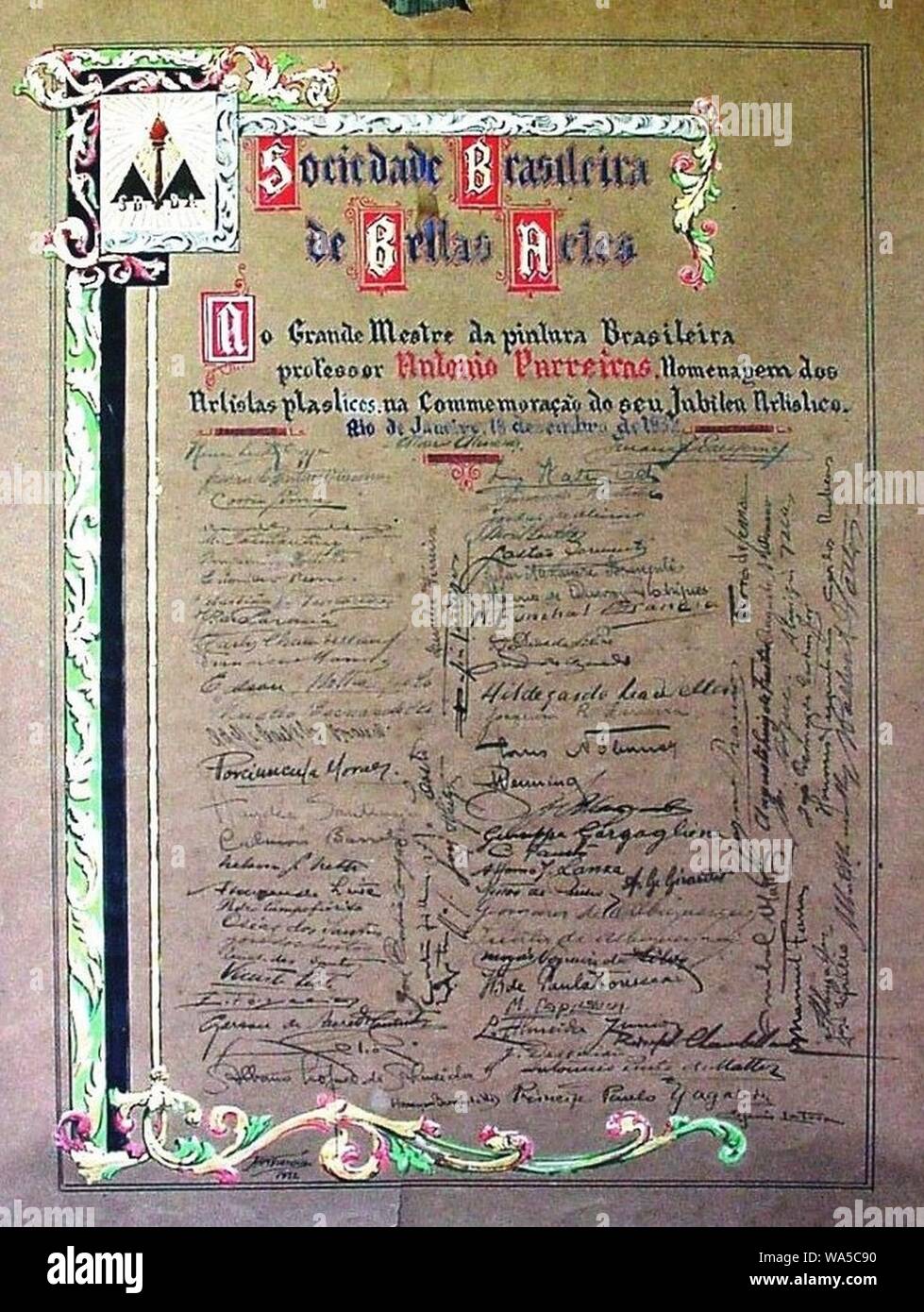 Diploma da Sociedade Brasileira de Belas Artes - Jubileu Artístico de Antônio Parreiras 1932. Stock Photo