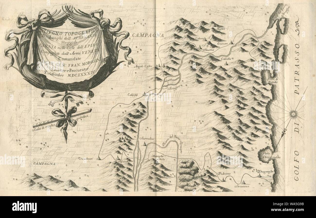 Disegno topograficode luoghi dell'Acarnania hoggidi Carnia nelle coste dell'Epiro conquistati dall'Armi Venete comandate - Coronelli Vincenzo - 1687. Stock Photo