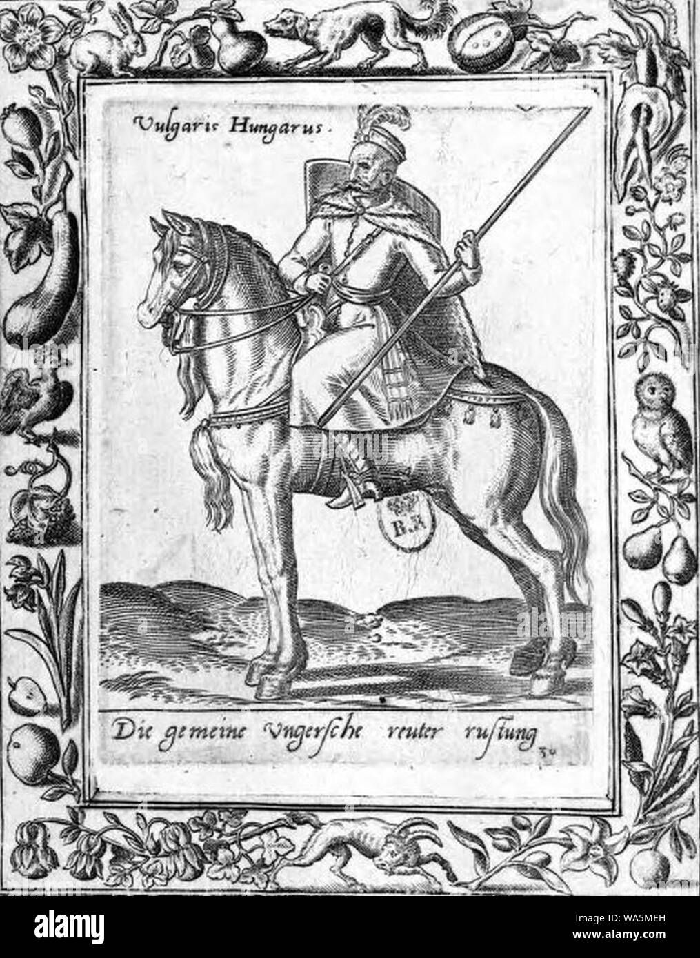 Diversarum Gentium Armatura Equestris - Vulgaris Hungarus(Soldat. Cavalier hongrois. Costume et équipements militaires.). Stock Photo