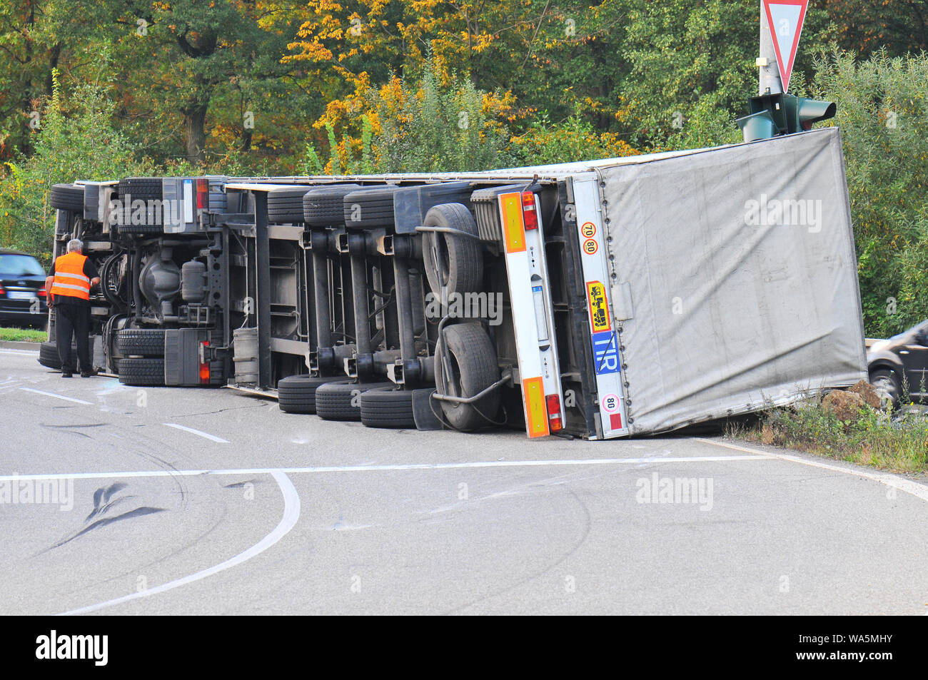 just fell over truck on motorway feeder road Stock Photo