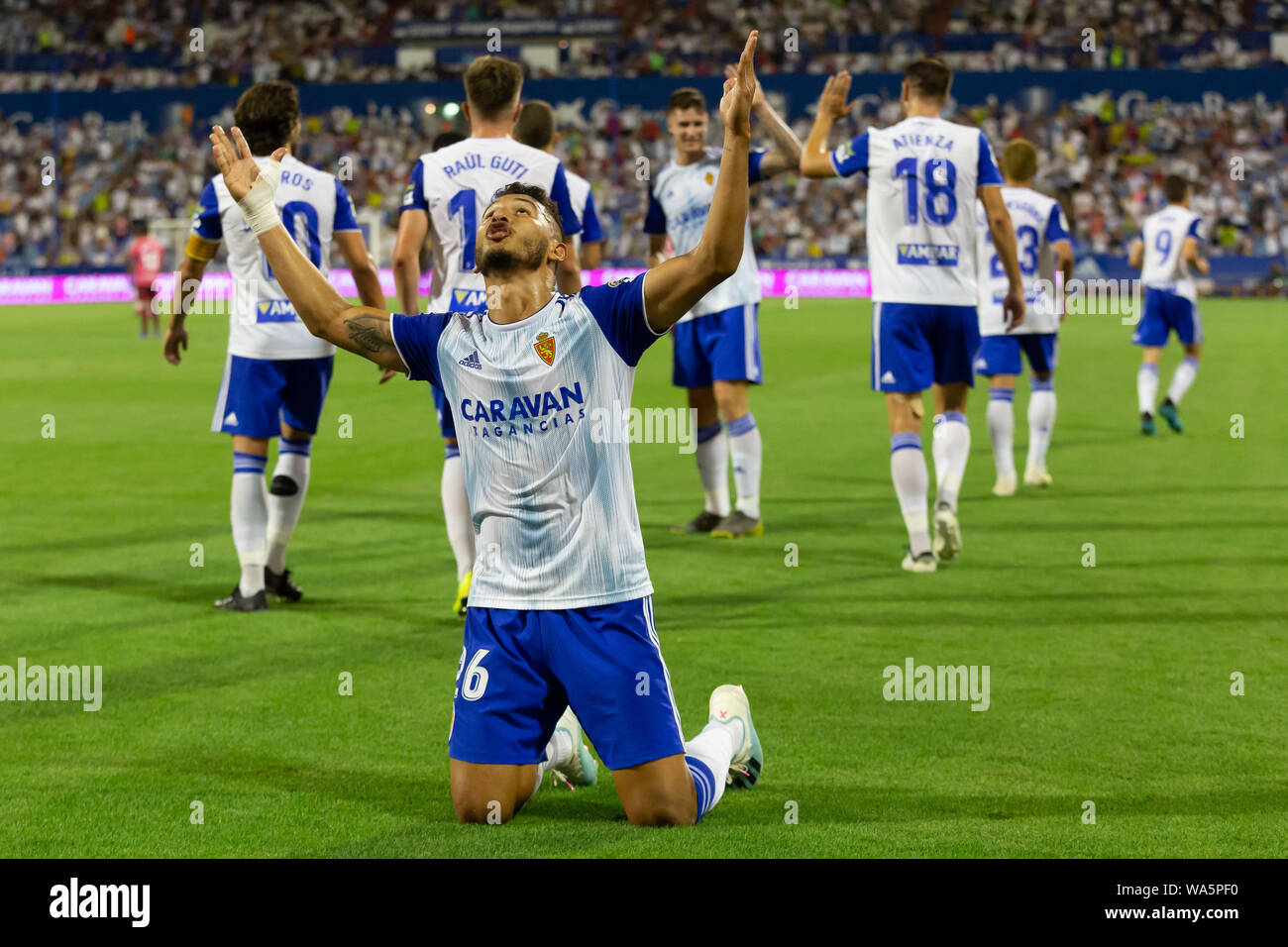 Zaragoza, Spain. 17th Aug, 2019. Luis Suarez of Real Zaragoza (26) celebrates after scoring his team's first goal during the Liga match between Real Zaragoza and CD Tenerife. (Photo by Daniel Marzo/Pacific Press) Credit: Pacific Press Agency/Alamy Live News Stock Photo