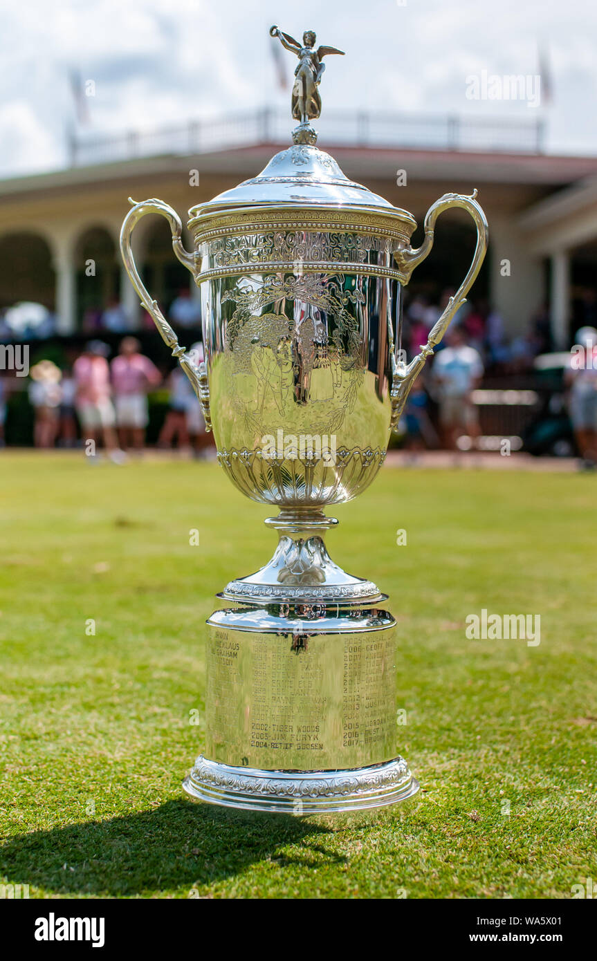 August 17, 2019, Village Of Pinehurst, North Carolina, USA: Aug. 17, 2019 - Village of Pinehurst, North Carolina, US - The 2020 U.S. Open Championship trophy was on display during the semifinal round of the USGAÃs 119th U.S. Amateur Championship at Pinehurst Resort & Country Club (Course No. 2), Aug. 17, 2019 in the Village of Pinehurst, North Carolina. Pinehurst Resort has served as the site of more single golf championships than any course in America. The 18-inch-tall, sterling silver trophy was originally commissioned by the United States Golf Association and made by the Gorham Company. (C Stock Photo