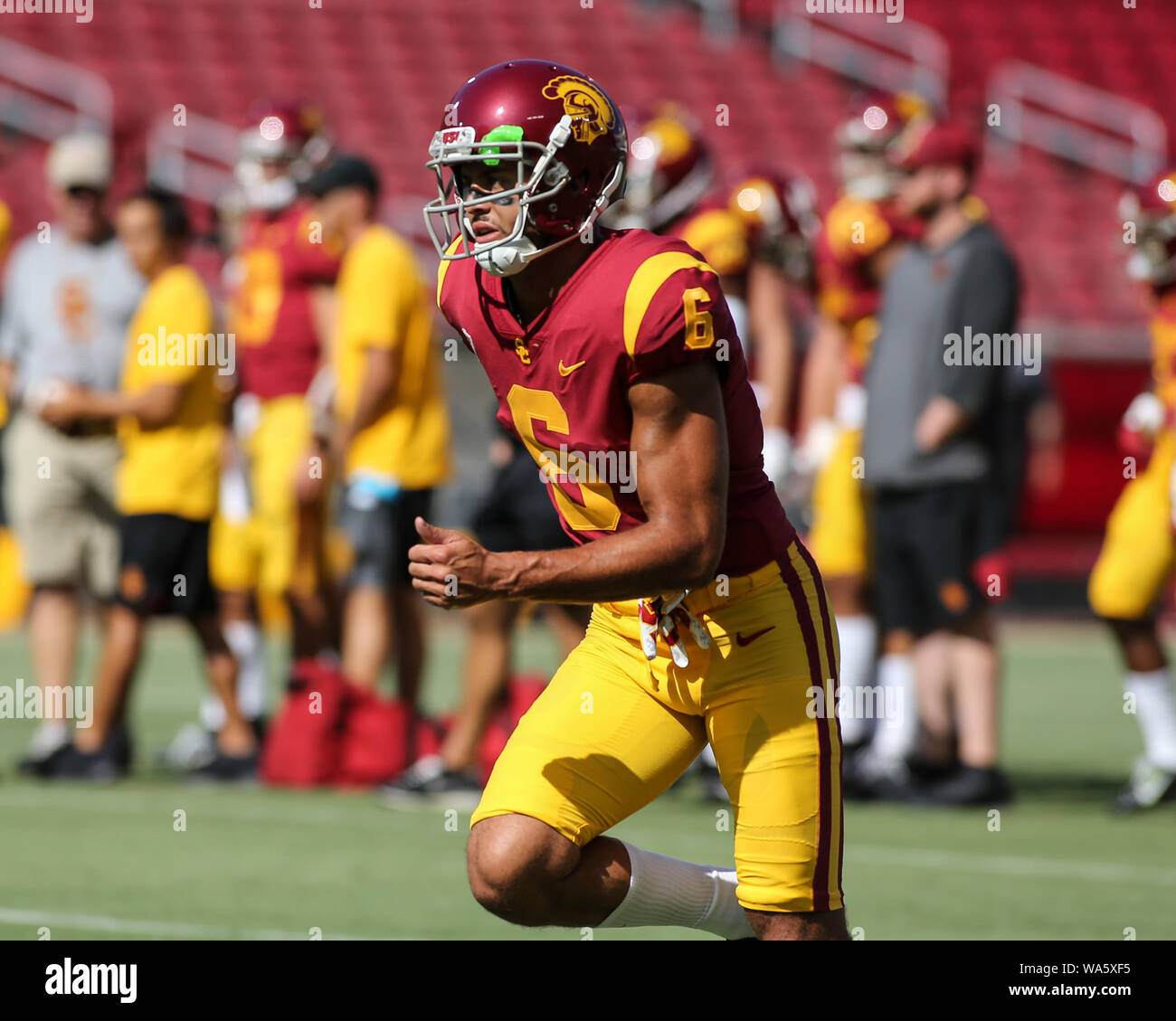 USC Trojans wide receiver Amon-Ra St. Brown #8 catching a pass warming up  for the Colorado Buffaloes vs USC Trojans PAC-12 football game at the Los  Angeles Memorial Coliseum on Saturday October