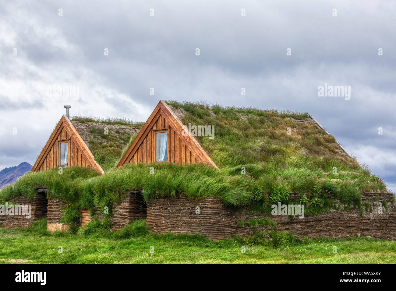 two typical green houses with gras roof in iceland, summer Stock Photo