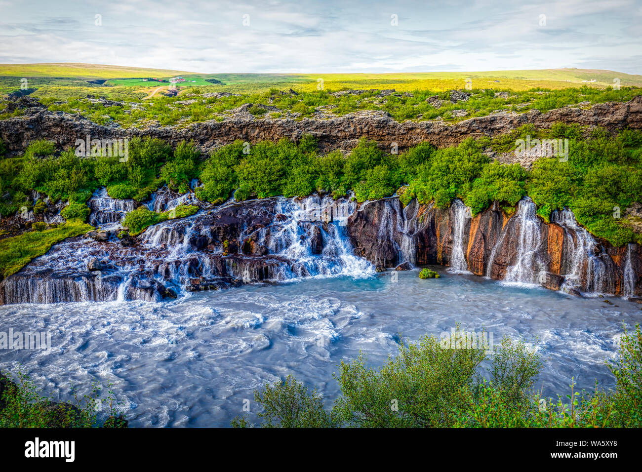 panorama view of hraunfossar waterfall on iceland, summer Stock Photo