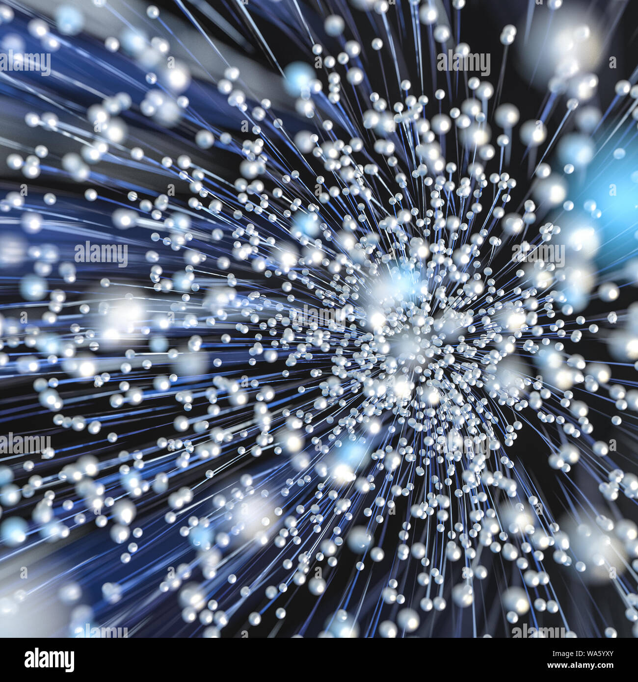 Glowing blue lines and dots with dark background, 3d rendering ...