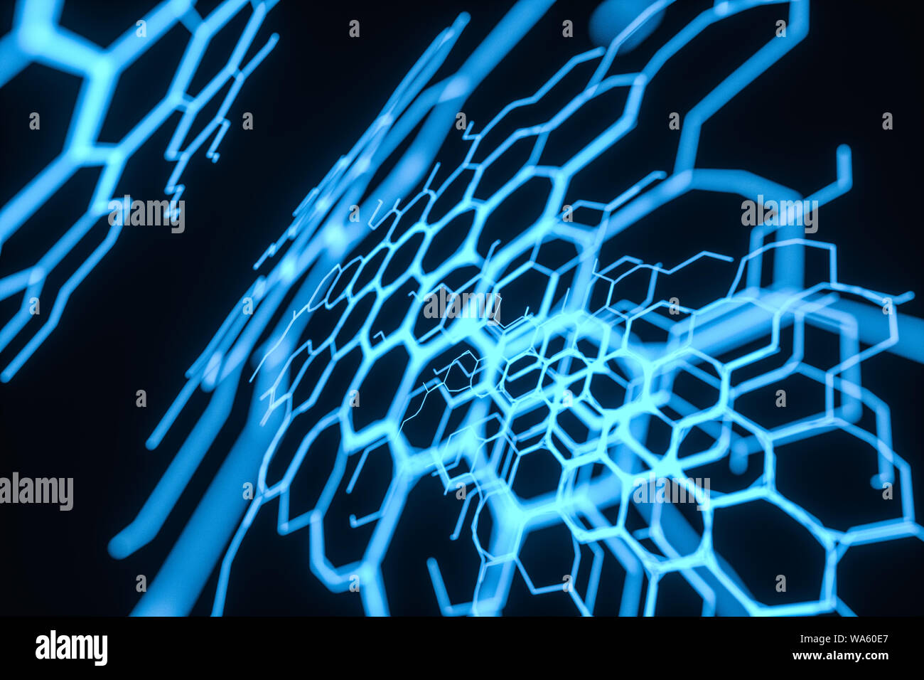 Blue hexagon and glowing lines crossed, 3d rendering. Computer digital ...
