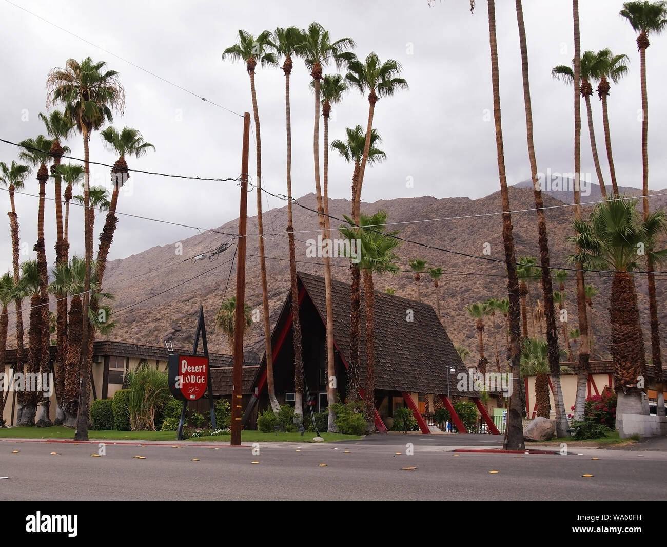PALM SPRINGS, CALIFORNIA - JULY 18, 2018: The Desert Lodge hotel, featuring a classic mid century A Frame structure, was built around 1963 and origina Stock Photo
