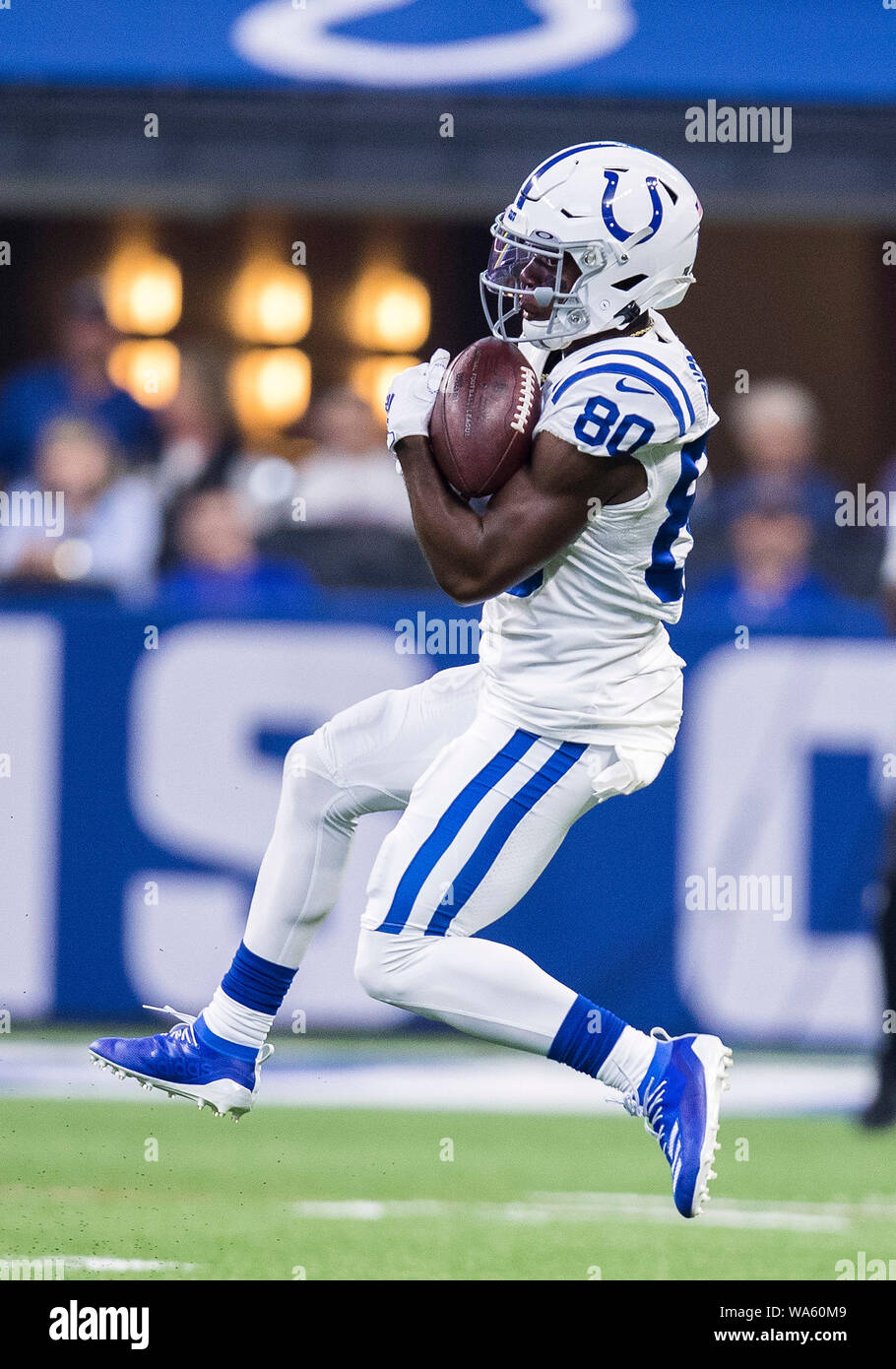 Indianapolis, USA. 17 August 2019. Indianapolis Colts wide receiver Chester  Rogers (80) runs with the ball during NFL football preseason game action  between the Cleveland Browns and the Indianapolis Colts at Lucas