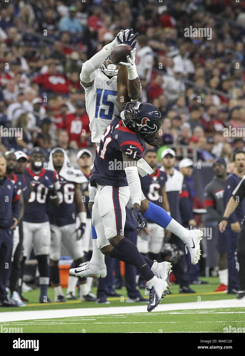 Houston, TX, USA. 17th Aug, 2019. Houston Texans cornerback Bradley Roby (21) knocks away a pass intended for Detroit Lions wide receiver Chris Lacy (15) during an NFL preseason game between the Houston Texans and the Detroit Lions at NRG Stadium in Houston, Texas, on August 17, 2019. Credit: Scott Coleman/ZUMA Wire/Alamy Live News Stock Photo