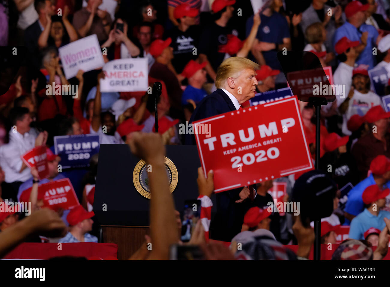 President Donald J. Trump seen during his campaign for the election next year in Manchester.The current US president is travelling around the country to host rallies for his supports and preparations for the 2020 US presidential election. Stock Photo