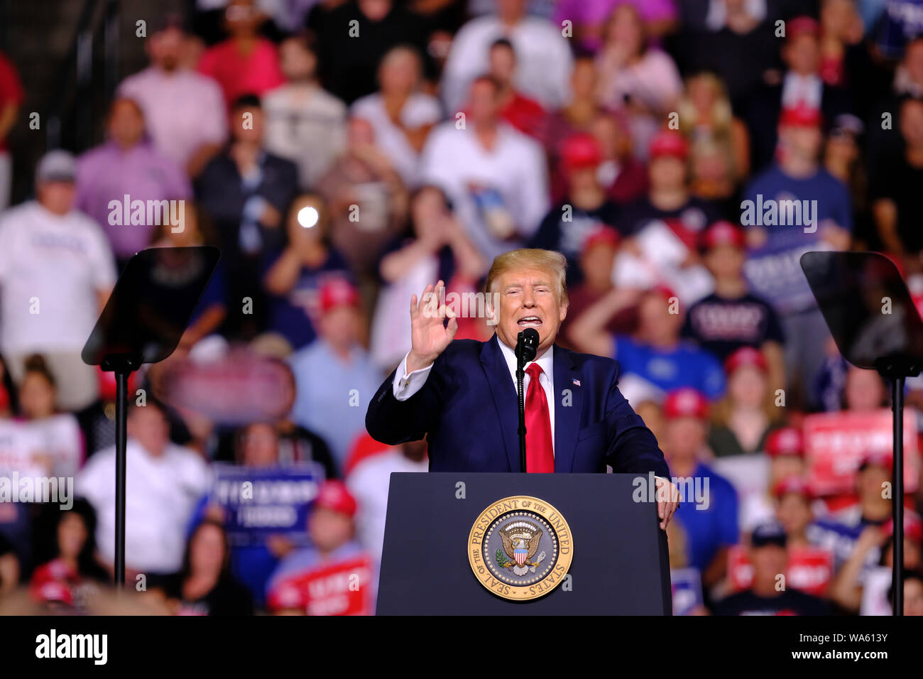 President Donald J. Trump speaks during his campaign for the election next year in Manchester.The current US president is travelling around the country to host rallies for his supports and preparations for the 2020 US presidential election. Stock Photo