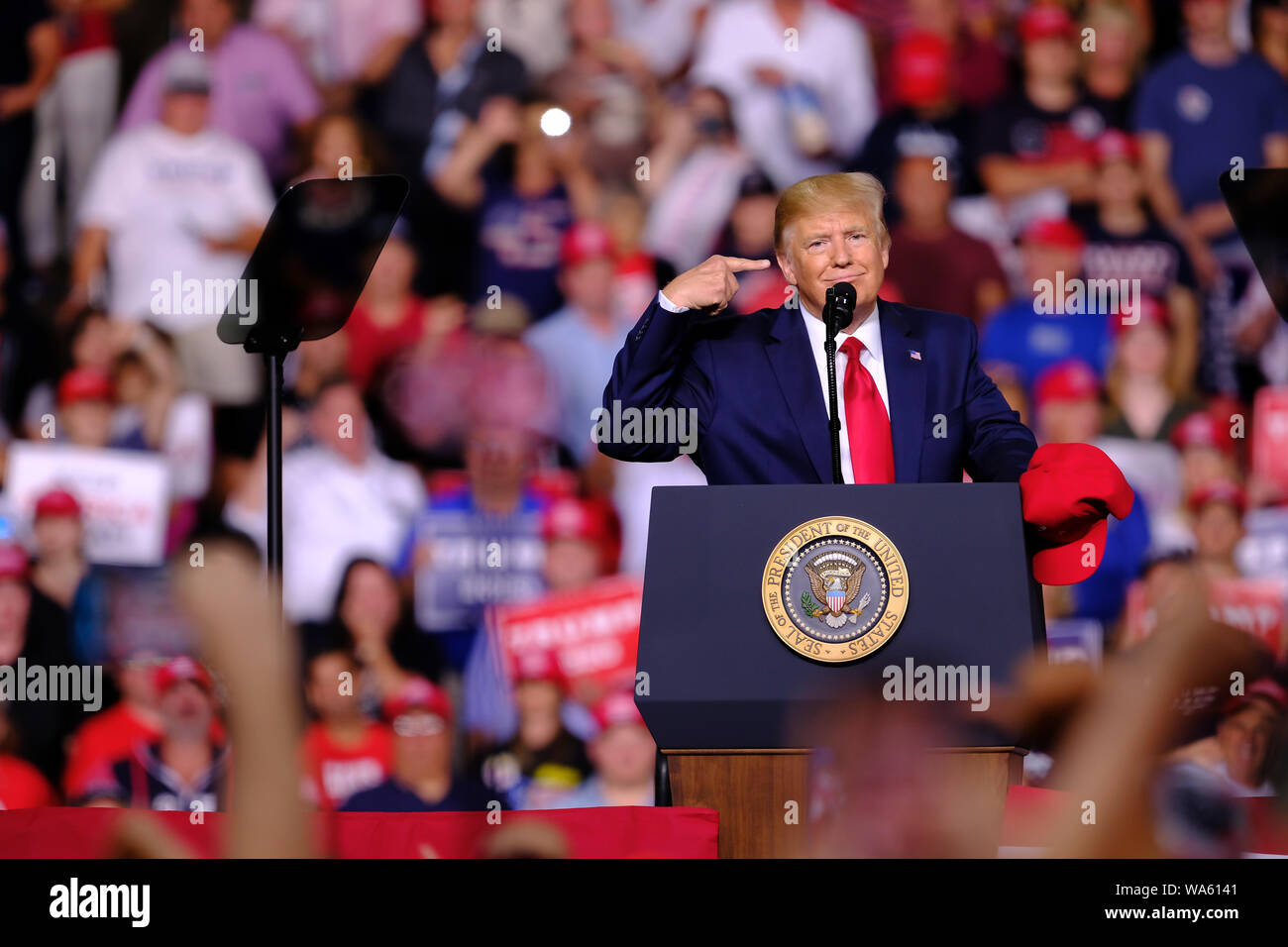 President Donald J. Trump speaks during his campaign for the election next year in Manchester.The current US president is travelling around the country to host rallies for his supports and preparations for the 2020 US presidential election. Stock Photo
