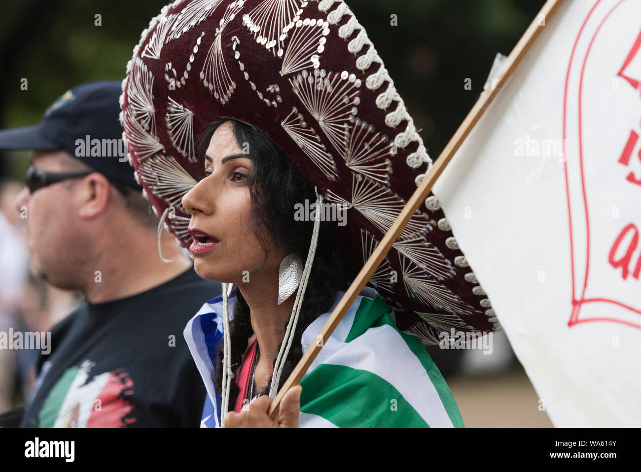Counterprotesters in Mexican regalia gather during the “End Domestic Terrorism” rally at Tom McCall Waterfront Park on August 17, 2019 in Portland, Oregon. Organized as a protest against anti-fascists by right-wing radio host Joe Biggs and members of the Proud Boys, the rally attracted a large contingent of counterprotesters including Rose City Antifa. PopMob (Popular Mobilization) is a local group of activists with a goal of inspiring people to resist the alt-right through art, self-expression and performance. Stock Photo