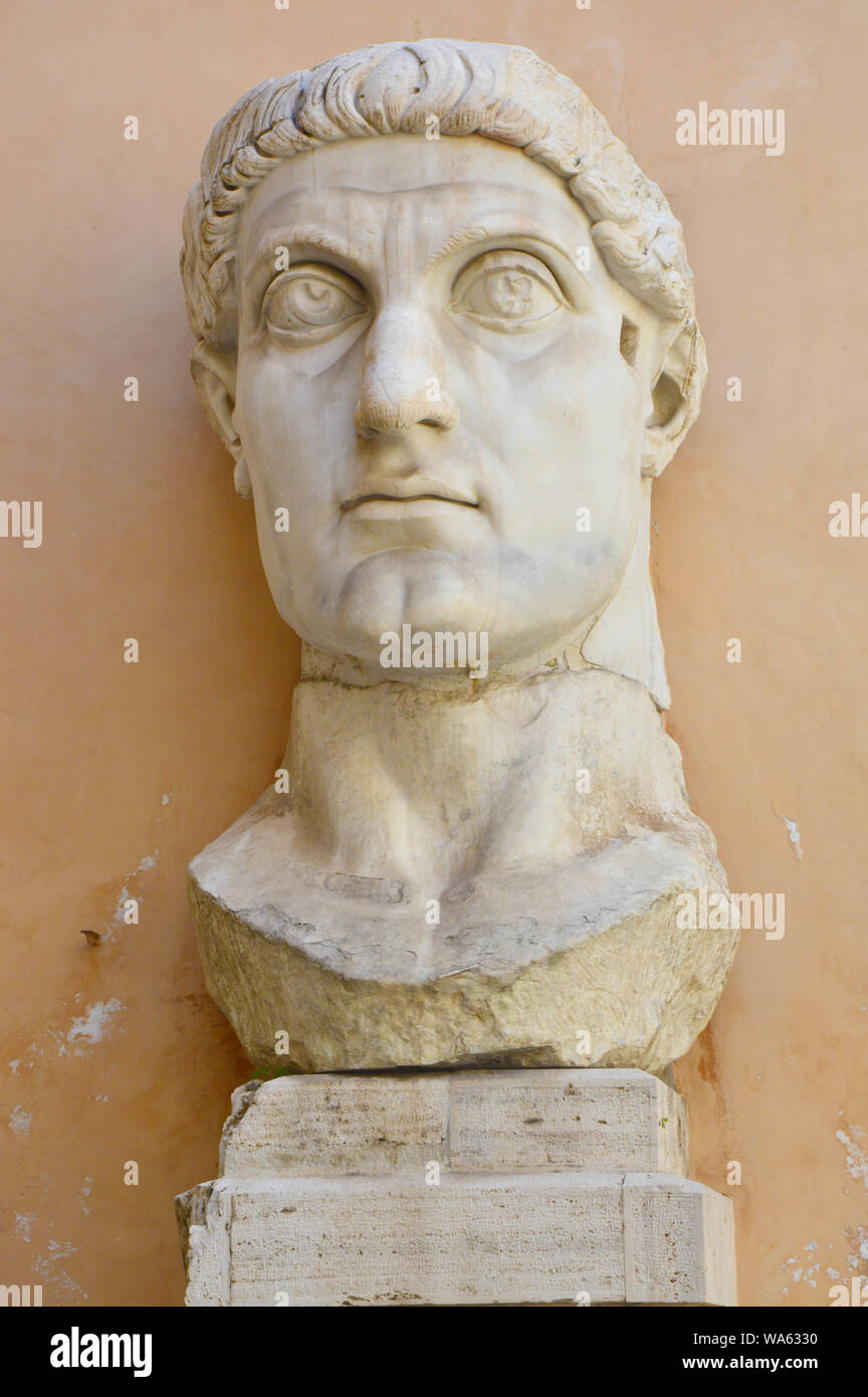 ROME, ITALY - APRIL 6, 2016: Emperor Constantine parts of giant marble statue in Capitoline Museums, Rome, Italy. Stock Photo