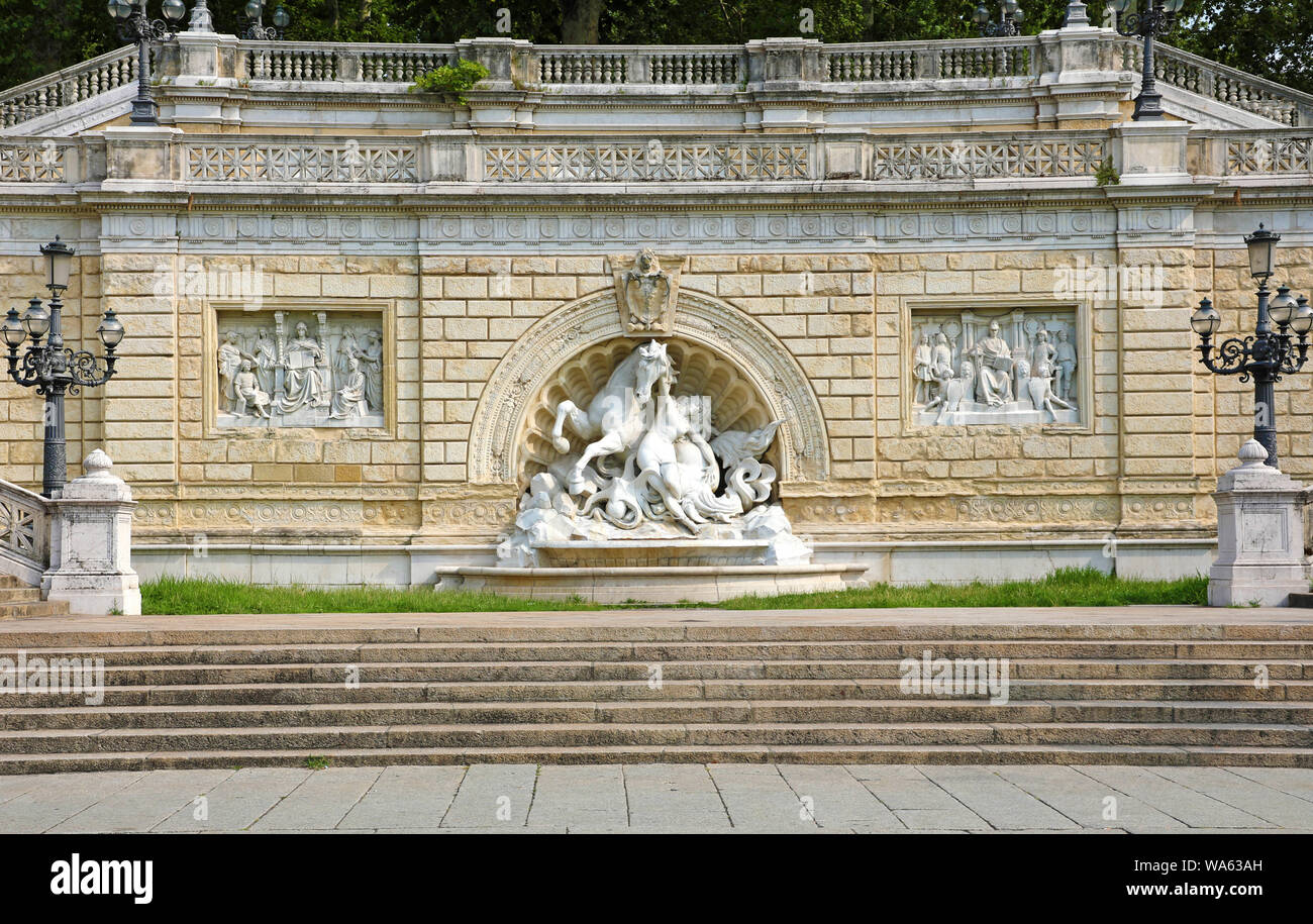 The Fountain of Nymph and Seahorse in the Montagnola Park in Bologna, Italy. Stock Photo