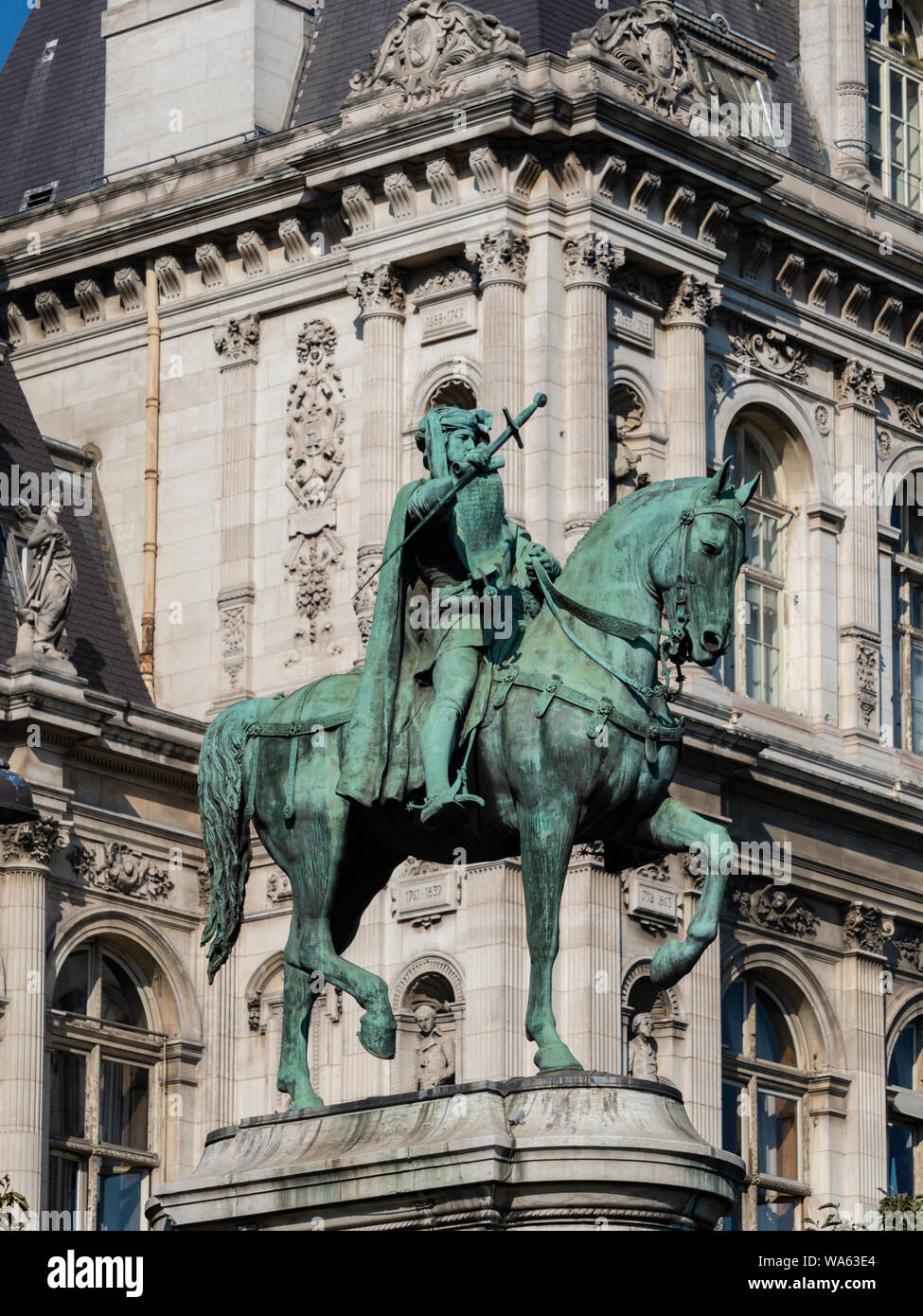 PARIS, FRANCE - AUGUST 02, 2018:  Equestrian statue of Etienne Marcel on  Quai de l'Hôtel de ville Stock Photo