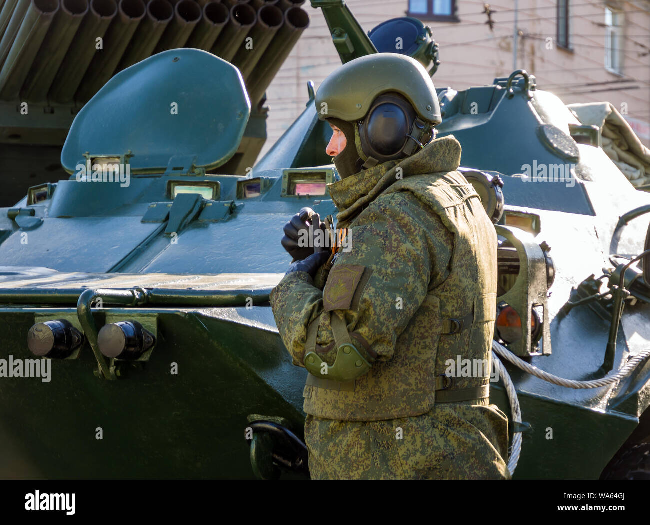 Murmansk, Russia - April 22, 2019: Russian soldier in modern outfit stands at military equipment Stock Photo