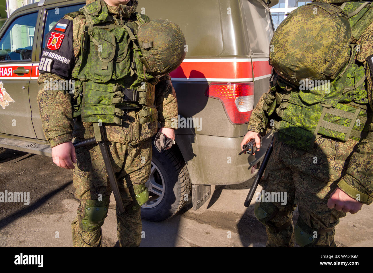Murmansk, Russia - April 22, 2019: Military police officers stand by the car Stock Photo