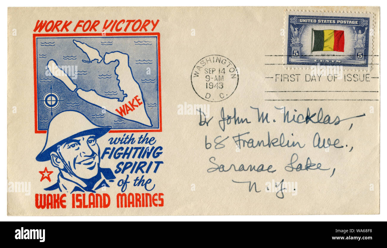 Washington, D.C., The USA - 14 September 1943: US historical patriotic envelope: Work for victory with the fighting spirit of the Wake island marines Stock Photo