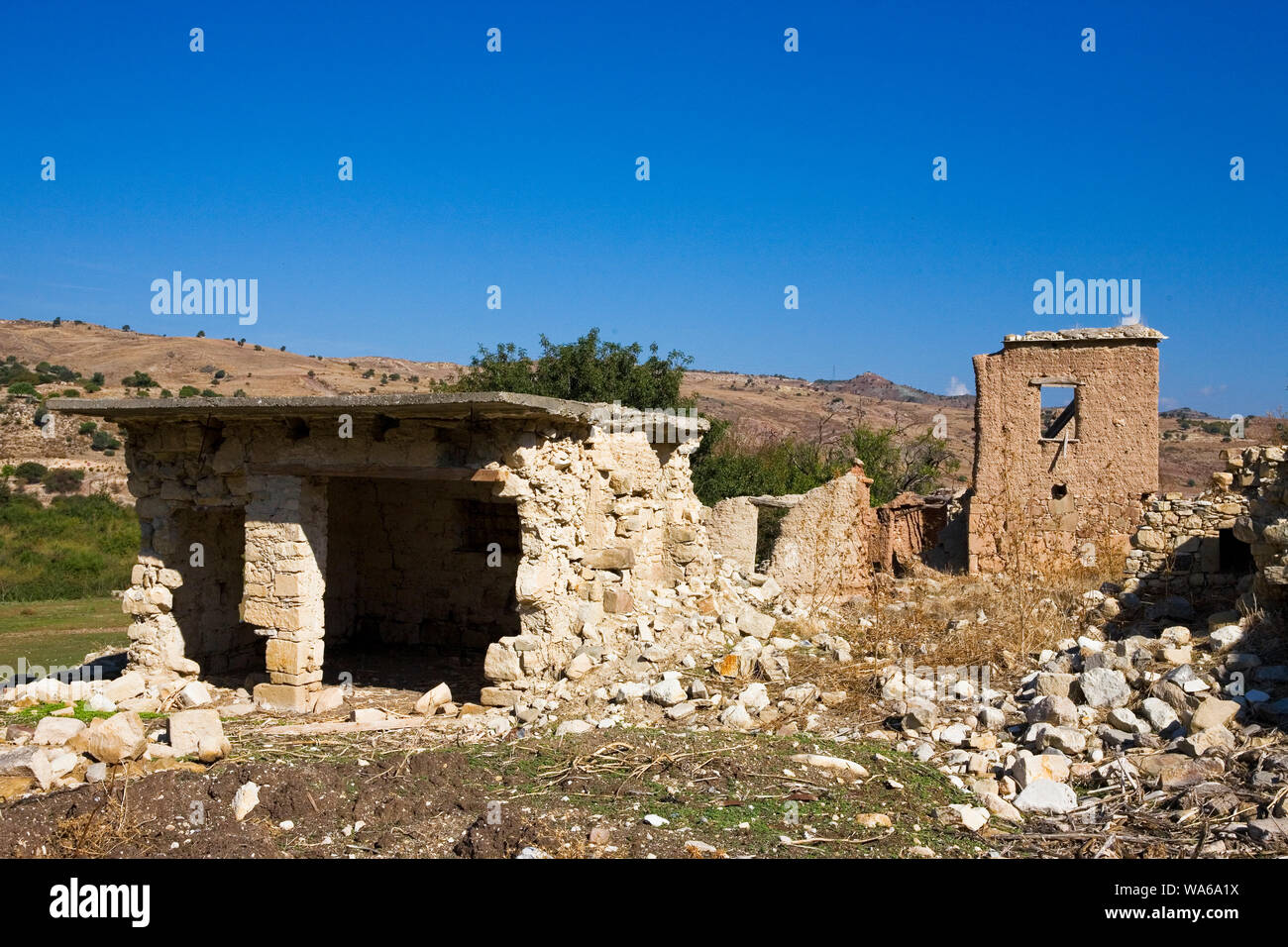 The abandoned village of Souskioú: ruined dwellings in an ex-Turkish enclave in Greek Cyprus Stock Photo