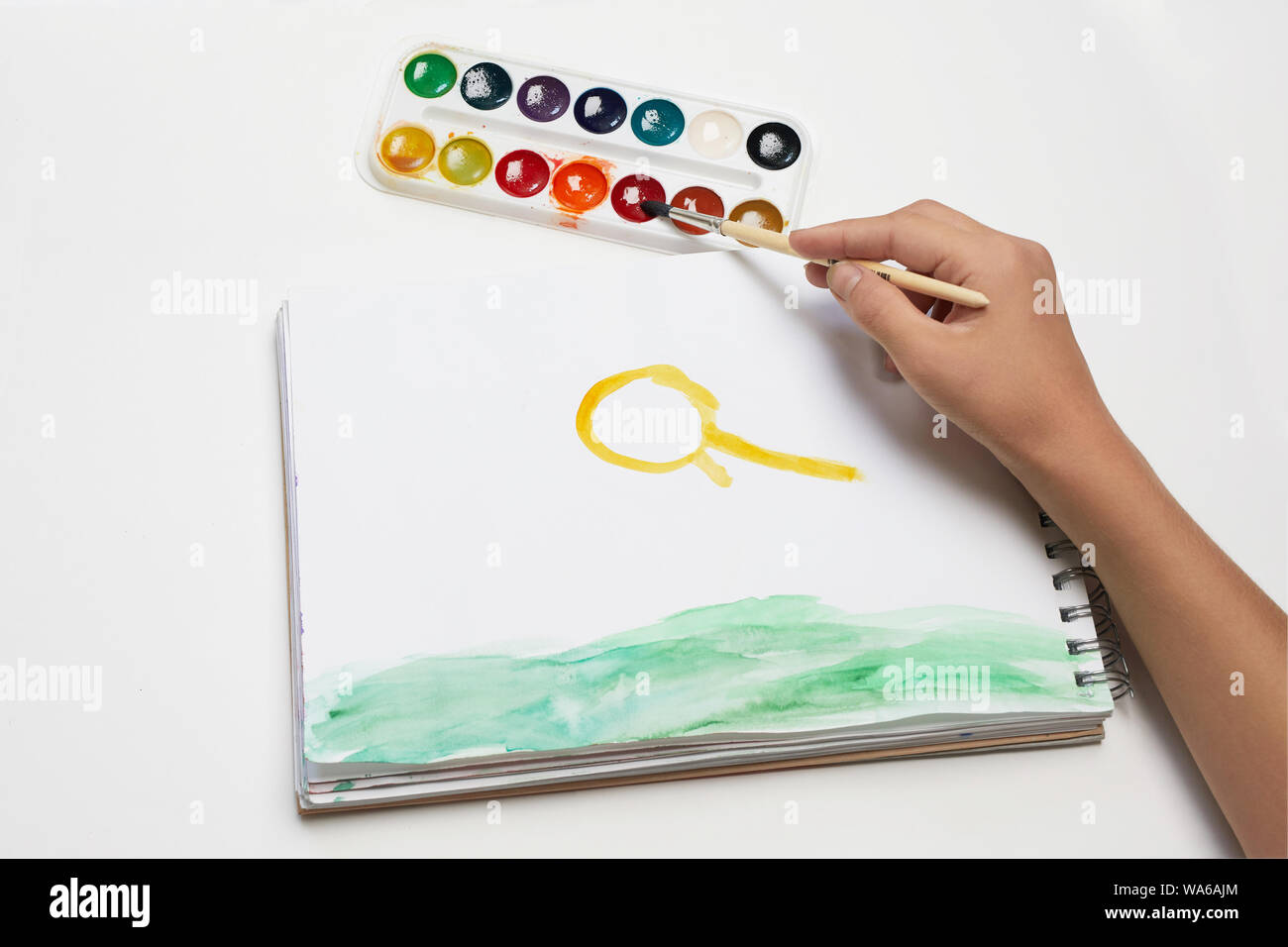 Painting by numbers. Set to paint the picture, includes a canvas, paints of  different colors, brushes. Top view Stock Photo - Alamy