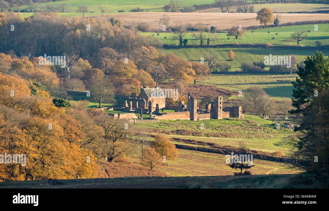 Distant view of the ruins of Bradgate House (also known as Lady Jane Grey's House) amongst trees in Bradgate Park, Leicestershire, England, UK Stock Photo